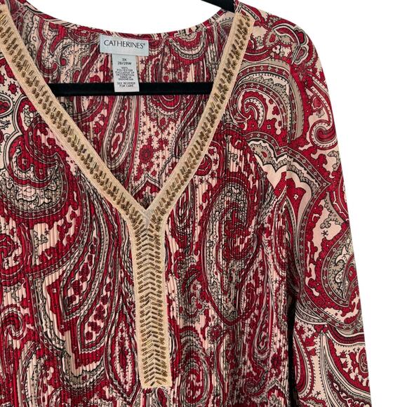 Catherines Red Paisley Tunic Blouse Boho Work Office Womens Plus Size 3x - Picture 2 of 6